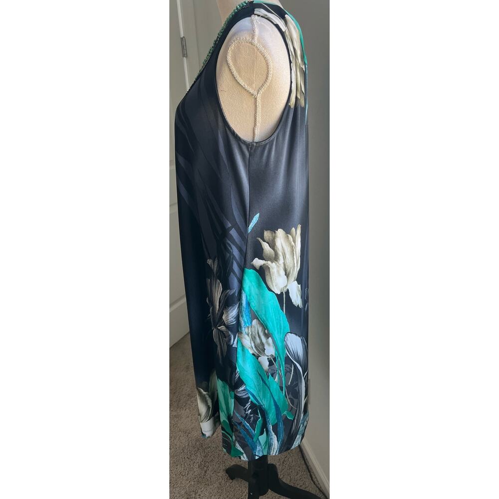 STUDIO I Floral Turquoise Black Blue Beaded Neckline Sleeveless Swing Dress 14 - Picture 4 of 9